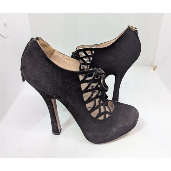 PRADA WOMEN'S Black Suede Cage Hidden Platform Pumps with Back Zipper Size 37 - Picture 1 of 10